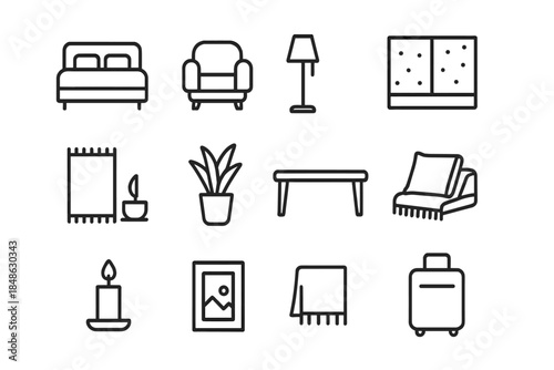 Trendy Hotel Icon Set. Trendy hotel interiors with snow outside. Line outline icon set of Trendy hotel