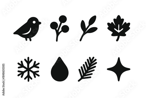 Bird and Berry Icons. Bird and berry icons. Filled icon set of bird and berry icons: small bird, berry sprig,