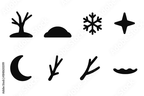 Lonely Winter Tree Icons. Lonely winter tree. Filled icon set of lonely winter tree: bare tree, snow drift,