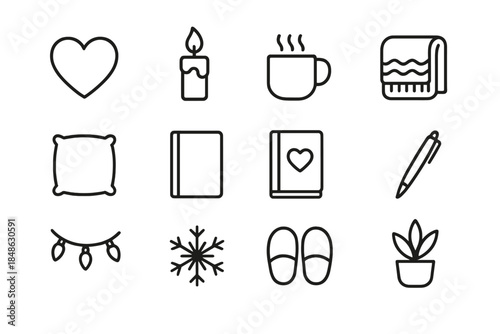 Self-Love Icon Grid. Self-love New Year icons. Line outline icon set of Self-love New Year icons: heart symbol
