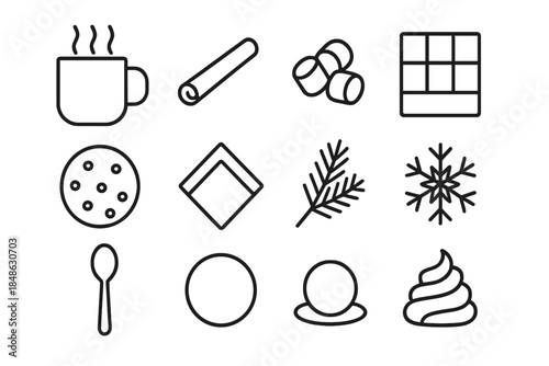 Warm Winter Drink Icons. Warm winter beverage layout. Line outline icon set of Warm winter beverage layout: