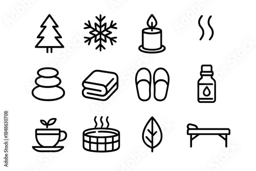 Alpine Spa Icons. Alpine spa ambiance. Line outline icon set of Alpine spa ambiance: pine tree, snowflake,