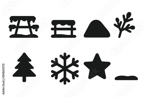 Snowy Rest Area Icons. Snowy rest area. Filled icon set of snowy rest area: table, bench, snow hill, frost