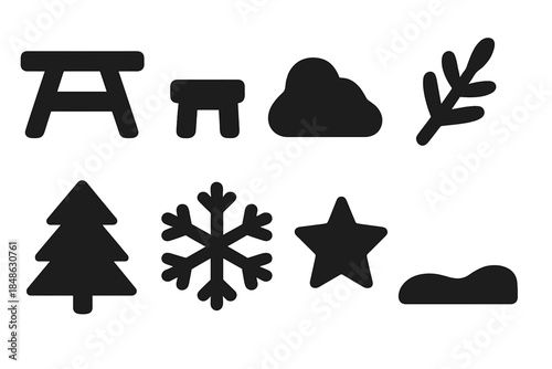Snowfield Icon Set. Snow field furniture. Filled icon set of snow field furniture: table, bench, snow pile,