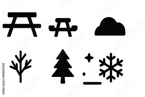 Snowy Rest Area Icons. Snowy rest area. Filled icon set of snowy rest area: table, bench, snow hill, frost