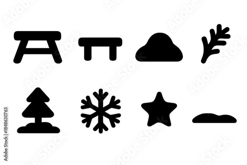 Snowfield Icon Set. Snow field furniture. Filled icon set of snow field furniture: table, bench, snow pile,
