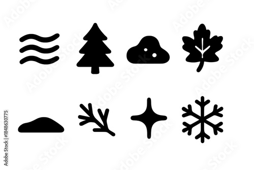Winter Woods Icon Set. Mist in winter woods. Filled icon set of mist in winter woods: mist waves, pine tree,