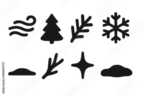 Winter Fog Icons. Soft winter fog. Filled icon set of soft winter fog: mist swirl, pine shape, frost sprig,