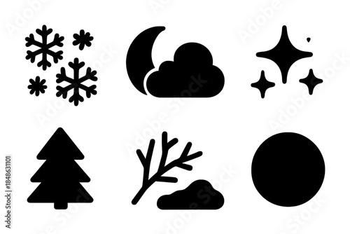 Night Snowfall Icons. Snowfall at night. Filled icon set of snowfall at night: snowflake cluster, moon arc,