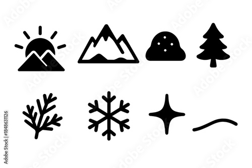 Winter Sunrise Icons. Winter sunrise over mountains. Filled icon set of winter sunrise over mountains: sunrise