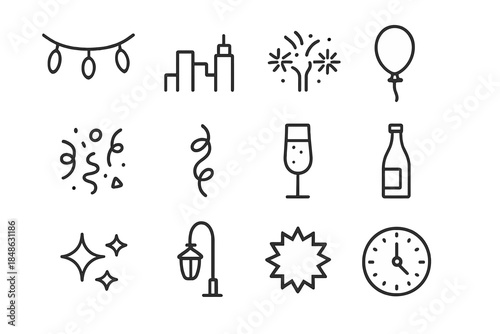 Festive Icon Collection. Holiday lights & streets. Line outline icon set of Holiday lights & streets: string