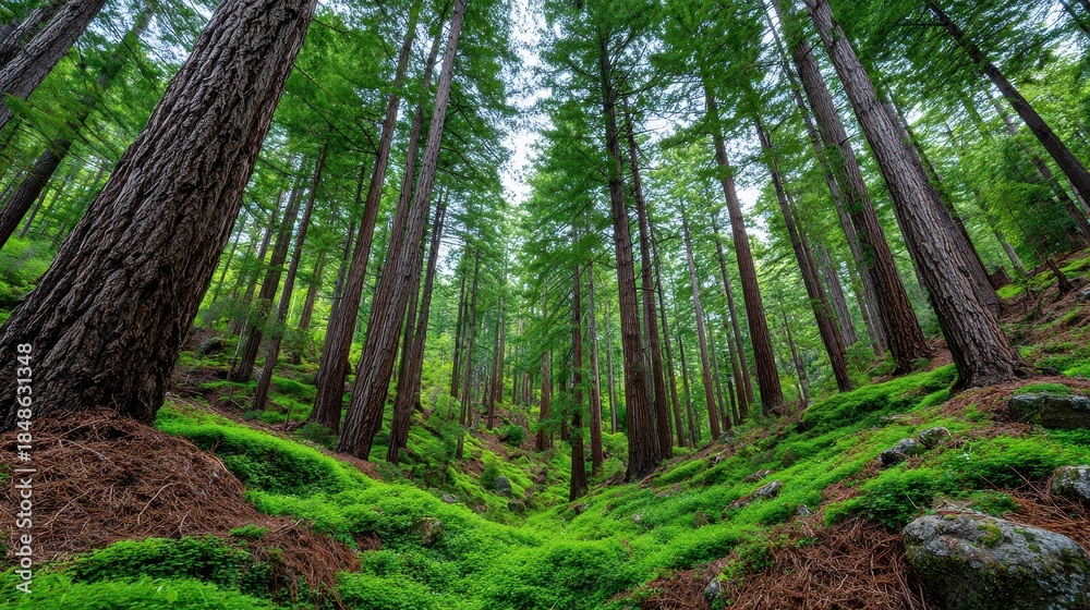 Fototapeta premium A beautiful forest with tall trees creates a natural environment perfect for exploring the lush greenery and experiencing the peace and quiet of nature