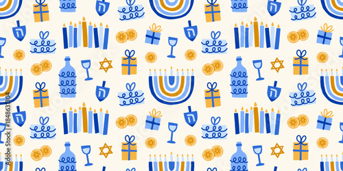 Modern Hanukkah vector seamless pattern. Jewish holidays wrapping paper design with menorah, candles, dreidel, vine, gifts, coins