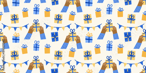 Modern Hanukkah vector seamless pattern. Jewish holidays wrapping paper design with gift boxes, garland