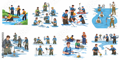 Environmental scientists performing hydrological and water quality field measurements using specialized scientific monitoring equipment in rivers and streams.