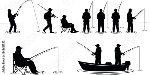 Fishing silhouettes in diverse outdoor settings – boat, shore, and gear by flavector