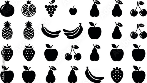Fruit silhouette icons in grid layout – pomegranate, grapes, apple, banana, strawberry by flavector