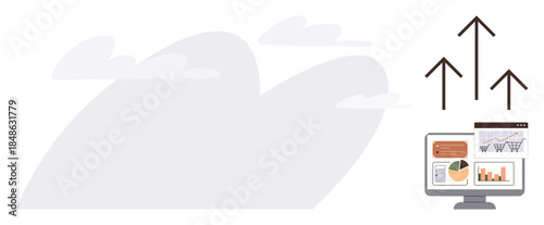 Computer screen showcasing charts, graphs, pie chart, and analytics with upward arrows symbolizing growth and success. Ideal for business, marketing, analysis, performance, statistics trends