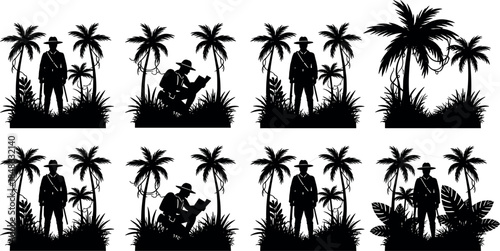 Jungle explorer silhouette poses with tropical plants, adventure scenes in black illustration style - flavector