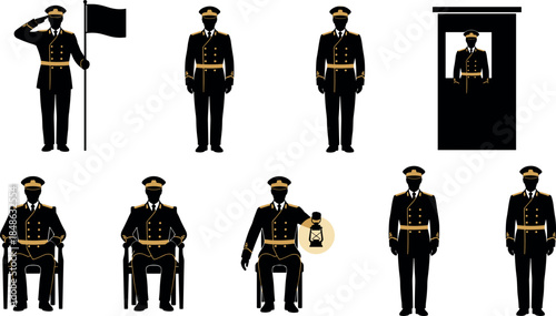 Military officer silhouette set showing formal uniform salute standing sitting ceremony leadership authority roles isolated white background