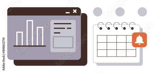 Dashboard with analytics chart and text box next to a calendar marked with a bell notification. Ideal for productivity, scheduling, organization, reminders, project planning, time management, simple
