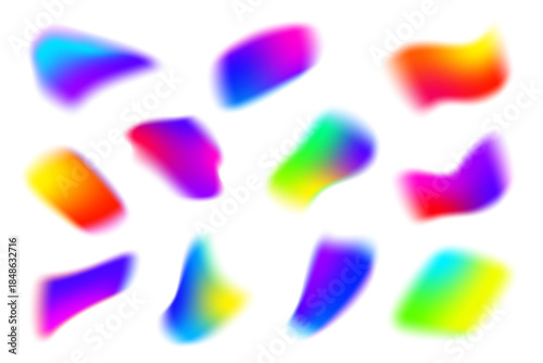 Gradient shapes with blurry texture on white background. Colored mesh fluid elements. Liquid soft holographic vector blobs with aura. Glowing iridescent organic spots.