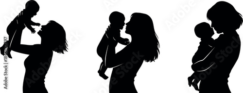 Mother holding baby silhouette icons – nurturing and bonding poses set by flavector