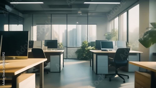 Modern office interior with natural light and greenery