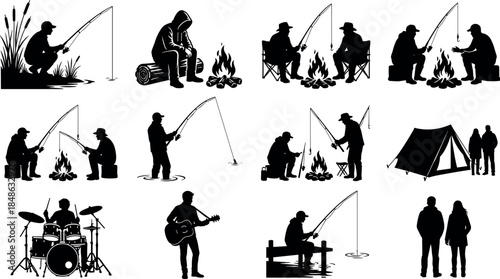 Outdoor leisure silhouettes – flavector series featuring fishing, camping, music, and social interaction