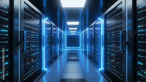 Futuristic data center corridor with illuminated server racks