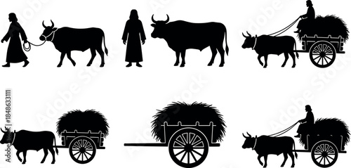Oxen and cart silhouettes – flavector series on rural transportation and agricultural life