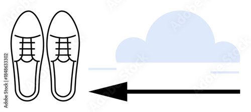 Movement concept. Silhouette of shoes paired with an arrow direction and motion, accompanied by a cloud backdrop. Movement in travel, progress, and lifestyle . For navigation, growth, journey themes