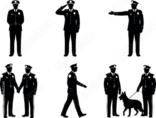 Police officer silhouette collection showing law enforcement poses, patrol walking, saluting, teamwork, and K9 unit on white background
