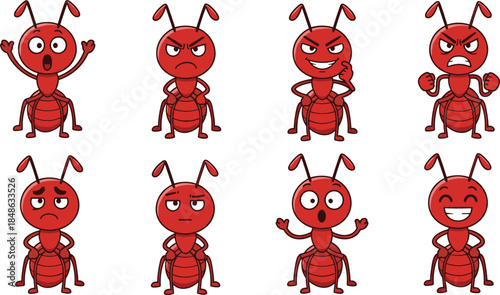 Cartoon ant characters with emotions in expressive grid, playful insect design for kids, flat vector illustration