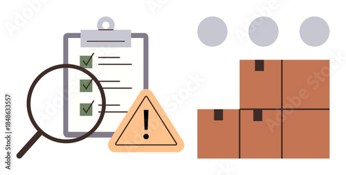 Magnifying glass over a checklist, caution triangle, and boxes suggest accuracy, risk management, logistics, or inventory. Ideal for auditing, quality control, compliance shipping analysis