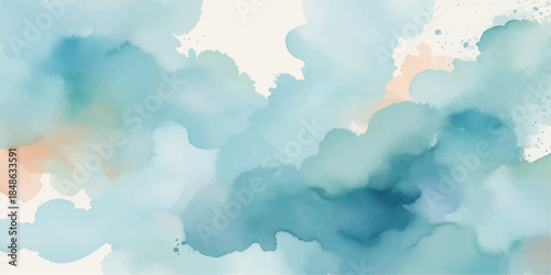 Abstract watercolor blue sky cloudscape with white fluffy cumulus clouds and sunlight