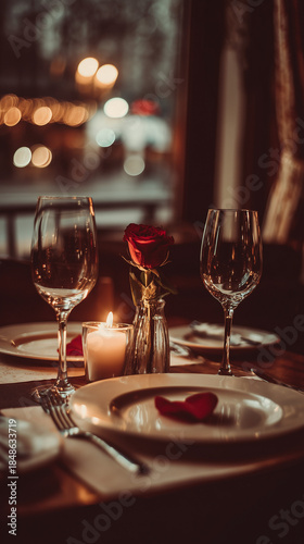 A romantic dinner setup for Valentine's Day, featuring elegant tableware, a rose, and a candle to create a cozy atmosphere.