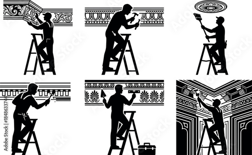 WebRestoration workers sculpting ornate plaster ceilings and walls – flavector architectural craftsmanship series