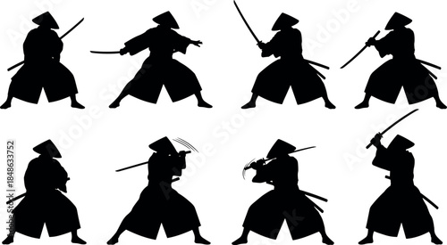 Samurai warriors with katana in action poses – flavector silhouette vector set of martial arts