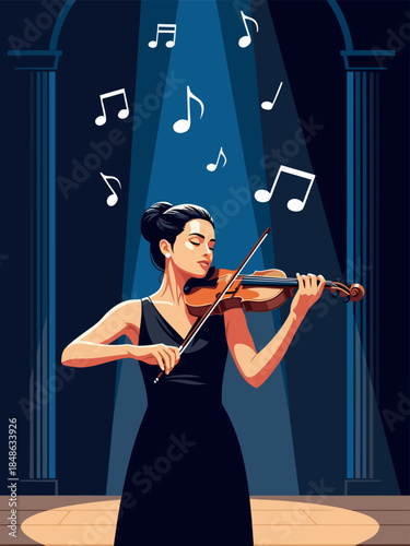 A woman in a black dress plays the violin on a stage with musical notes floating in the air.