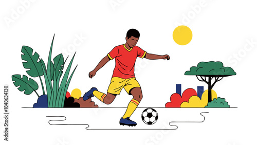 A young Black man in a red and yellow soccer uniform kicks a black and white soccer ball in a vibrant outdoor setting with lush greenery and trees.