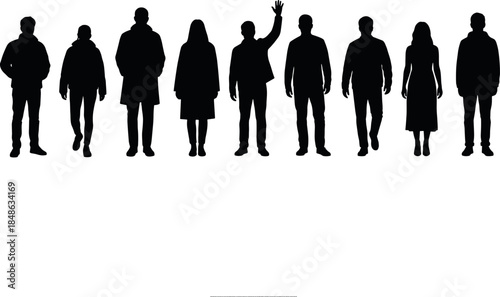 Standing human silhouettes – diverse postures and attire in black by flavector