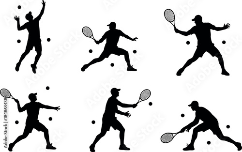 Tennis player silhouettes in action poses, serving, volleying, forehand, backhand, dynamic motion - flavector