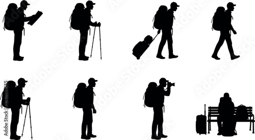 Traveler backpacker silhouette set showing hiking navigation walking luggage resting photography adventure tourism activities isolated white background