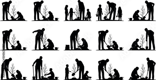 Tree planting teamwork with adults and children – flavector environmental education silhouette sequence