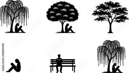 Tree and people reading silhouette illustration set, peaceful park nature scenes with relaxation isolated on white background vector