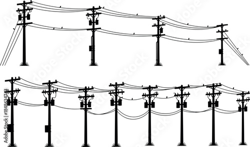 Utility poles with power lines, transformers, and perched birds in silhouette for electrical infrastructure - flavector