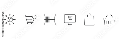 Online shopping  e-commerce line icon set. Shopping and purchase line icons set. Containing basket, shopping cart, discount, and more icons. Vector illustration.