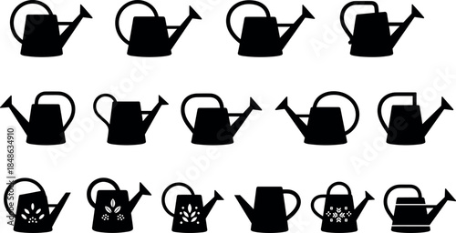 Watering can silhouette icons with decorative cutouts – gardening tool set by flavector