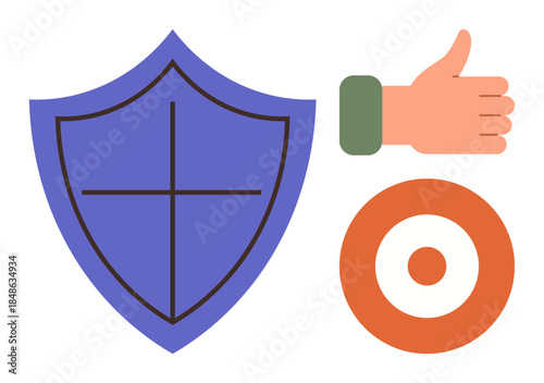 Blue shield, thumbs-up hand, and red target icon signify protection, approval, and goal-focused success. Ideal for security, trust, motivation, achievement endorsement prioritization success
